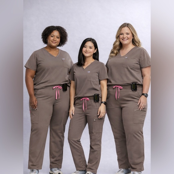 Figs Pants - Figs Catrina Top and Zamora Women's Taupe Scrub jogger with Pink SET